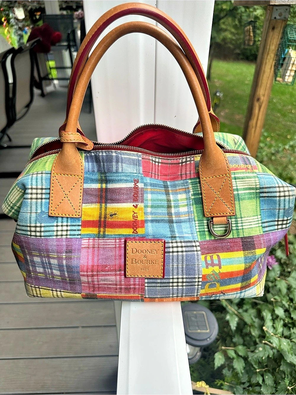 Dooney & Bourke Madras Plaid Picnic Ants Patchwork Barrel Satchel